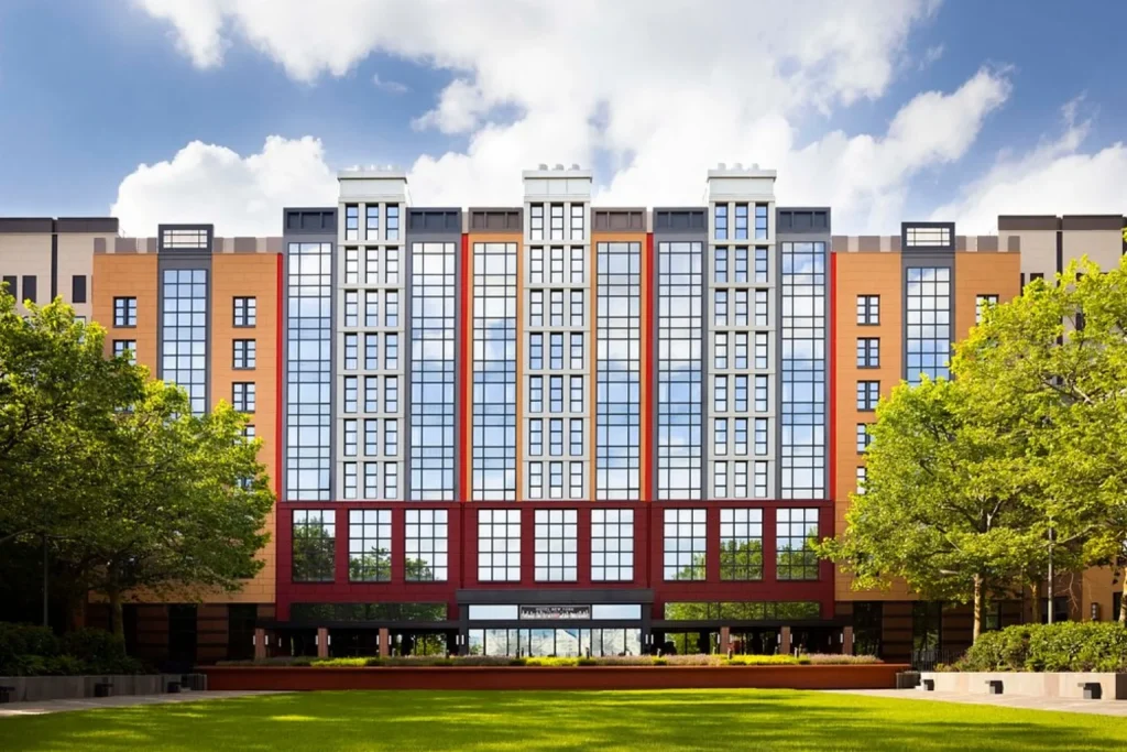 Modern exterior of Disney Hotel New York – The Art of Marvel at Disneyland Paris.