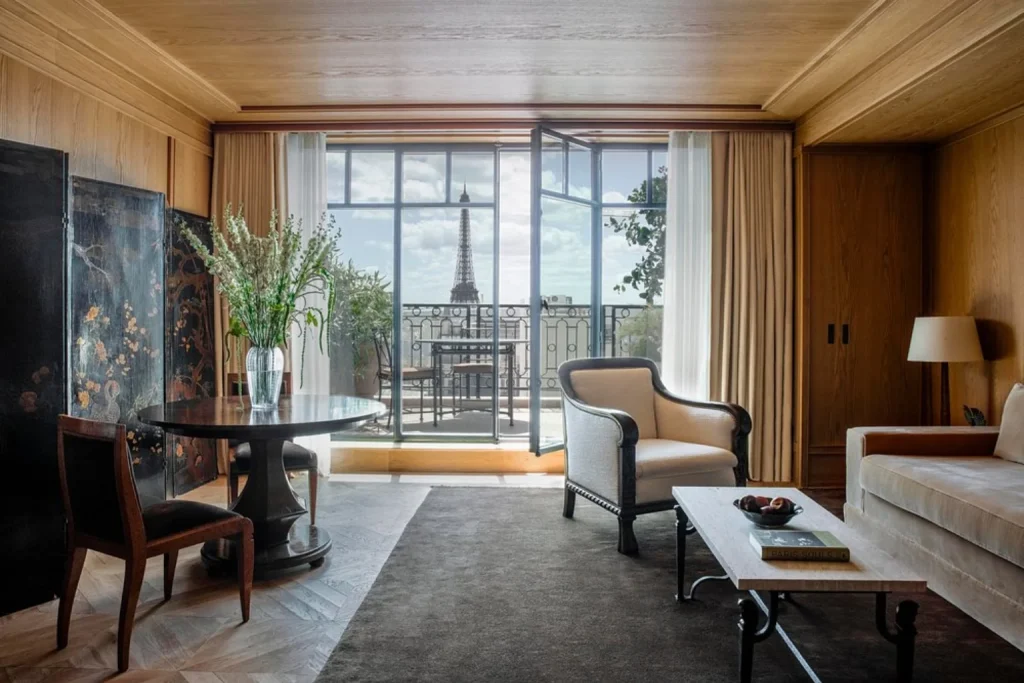 Luxury suite at Hôtel Balzac in Paris with a balcony overlooking the Eiffel Tower