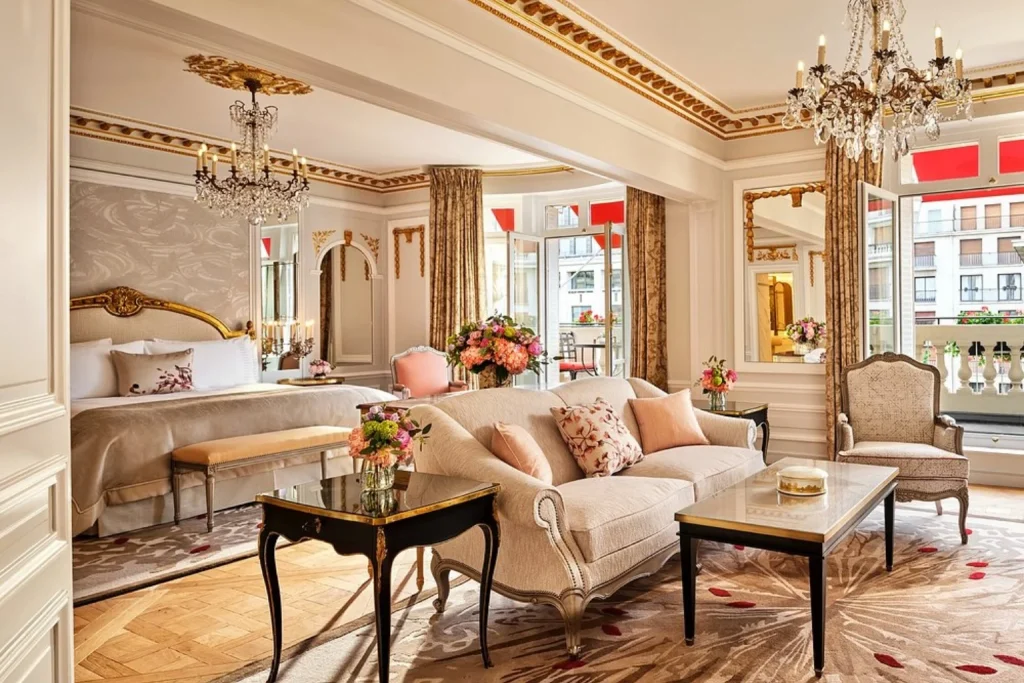 Elegant luxury suite with classic French décor and spacious seating area at Hôtel Plaza Athénée in Paris