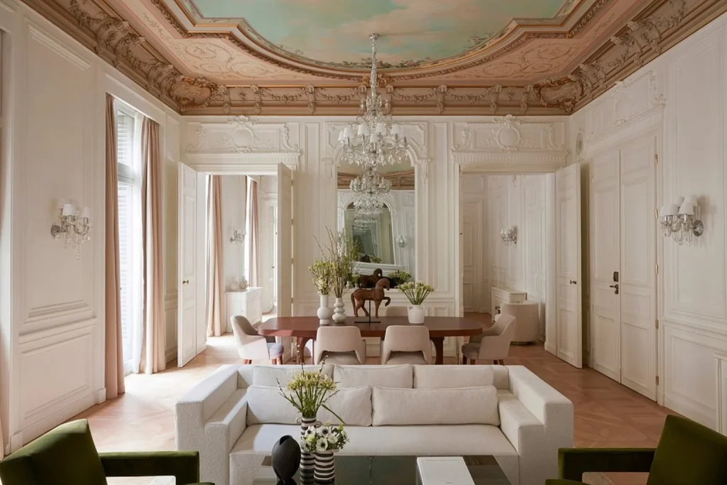 Elegant luxury suite living room with ornate ceilings and contemporary furnishings at Maison Delano Paris
