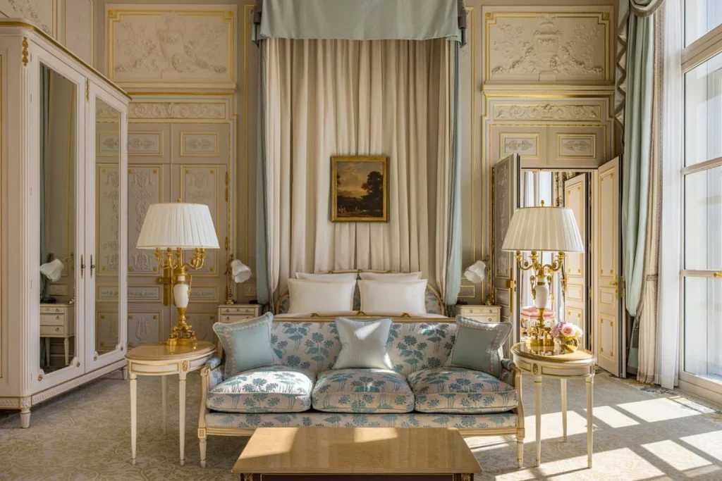 Elegant classic suite interior with ornate details and seating area at Ritz Paris