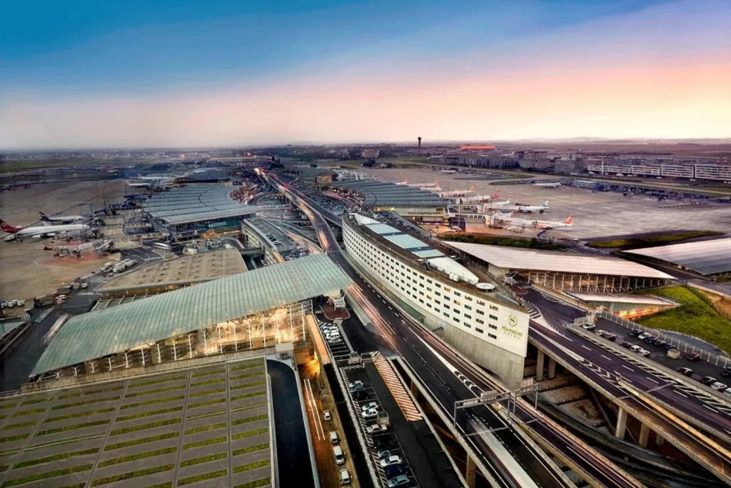 Aerial view surrounded by airport terminals and runways at Sheraton Paris Charles de Gaulle Airport Hotel